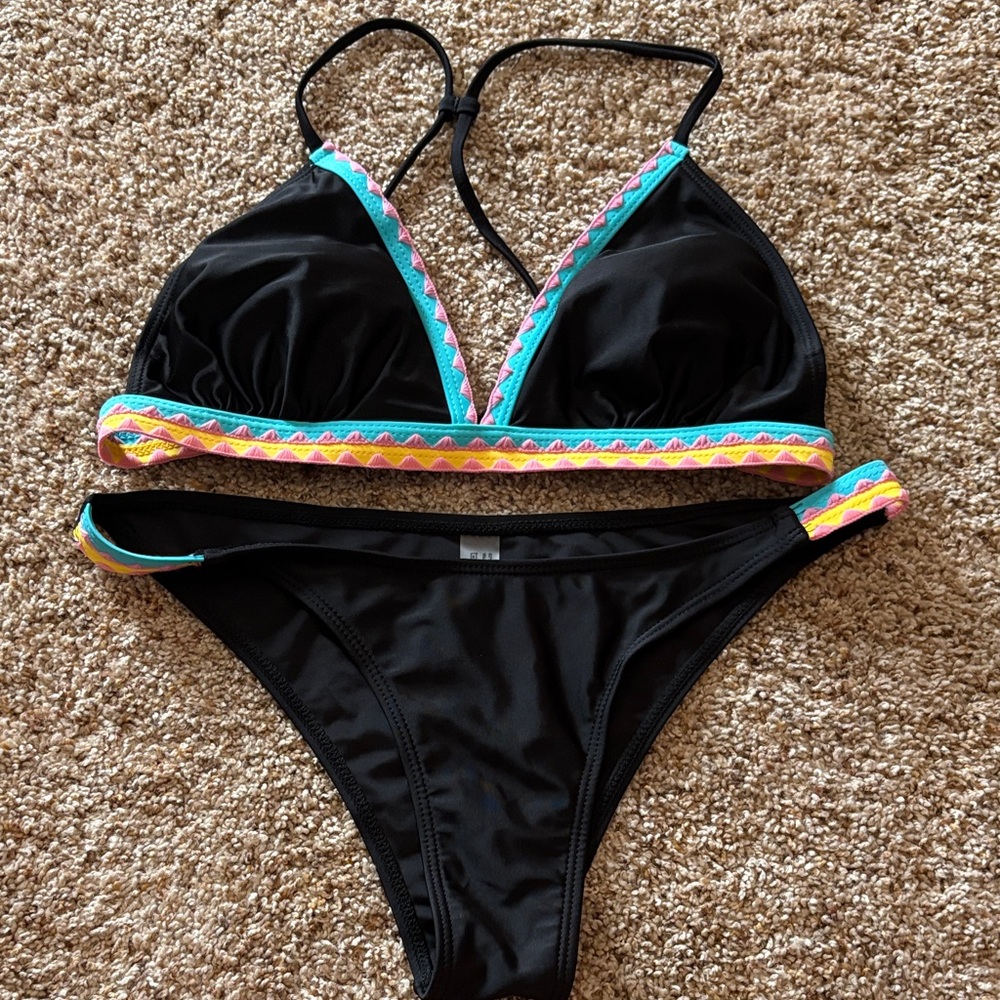 Black Multicolor Trim Bikini Set